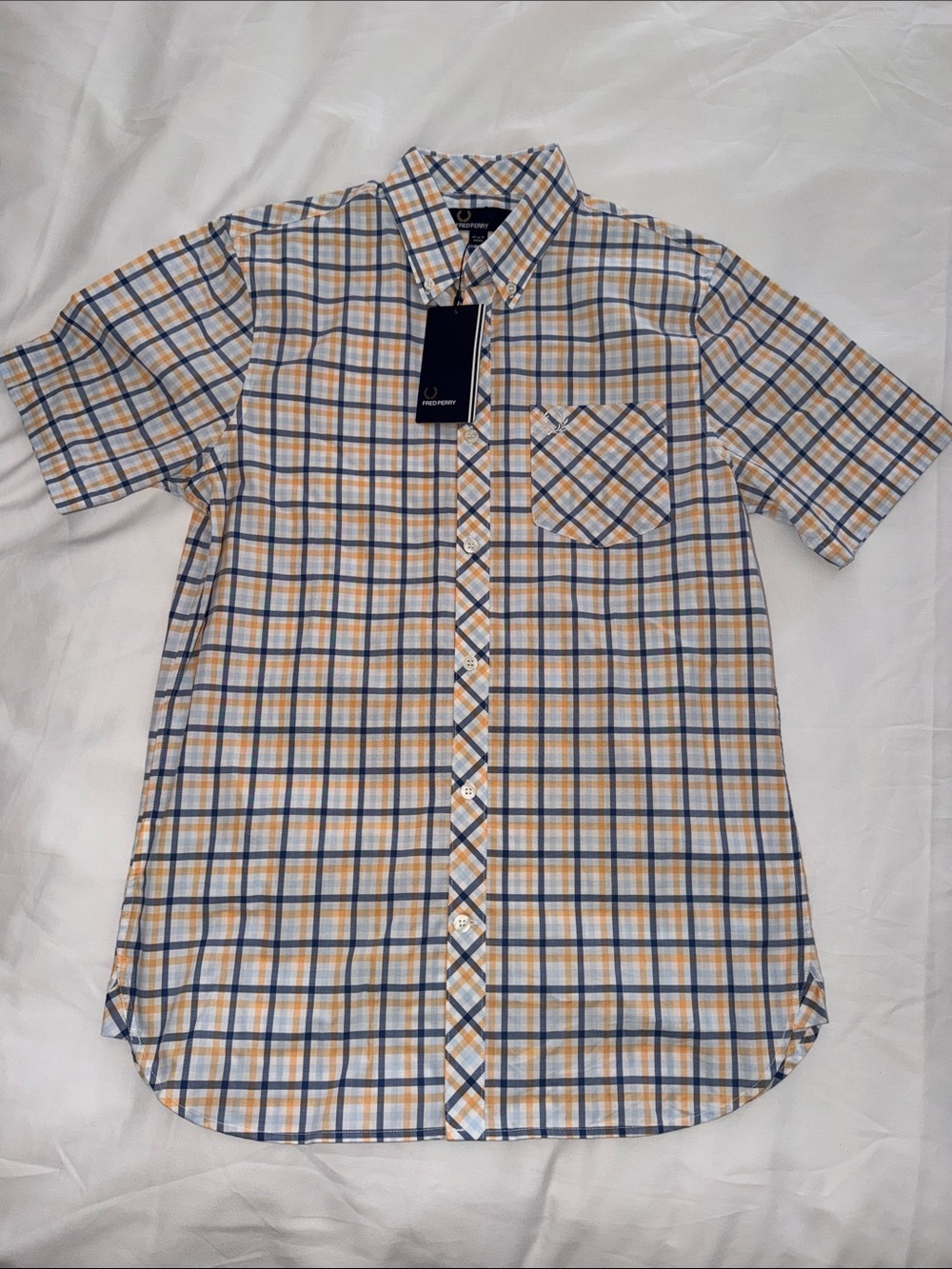 608113 Fred Perry Soft Yellow Navy Plaid Short-Sleeve Button-Down Shirt SZ S